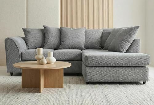 Abakus Direct | Jumbo Grid Corner Sofa – Modern Corner Sofa with Grid‑Textured Fabric, Angular Arms and Scatter Cushions – Available in Grey, Beige or Green (Grey, Right Hand Facing)