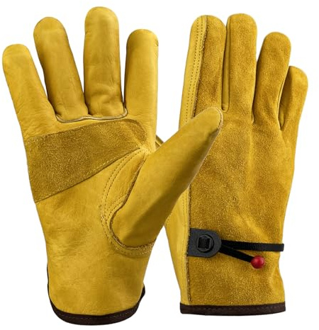 CHALVIOR Gartenhandschuhe aus Leder für Damen und Herren Dornensicher zum, Arbeitshandschuhe aus Rindsleder, Baumwollfutter, Robust und langlebig für Garten und Haushaltsaufgaben, Gelb L