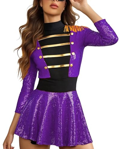 Vestito da donna, costume da circo, con paillettes, gonna a pieghe, a maniche lunghe, con frange, direttore del circo, costume da ballo da donna
