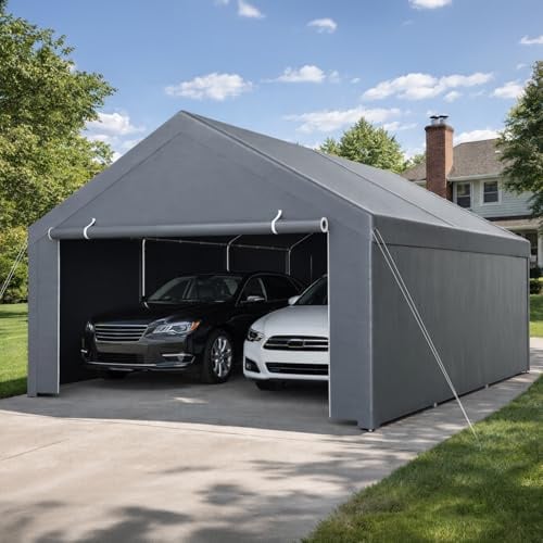 Jaxguom Zeltgarage Carport 4x6m Garagenzelt mit wetterfester PE Plane, Winterfest, Wasserdicht mit 2 Seitenwänden und 12 Heringen, UV-Schutz Lagerzelt Geräteschuppen für Auto, SUV, LKW, Boot