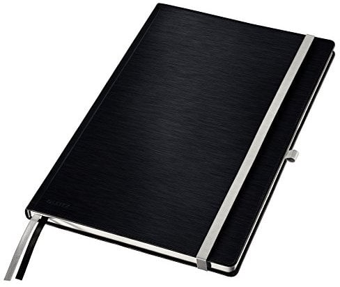 Leitz Notizbuch A4 liniert, 160 Seiten, 80 Blatt, Hardcover mit hochwertigem Bezug, 100 g/m² Papier, Gummizugverschluss, Textilbänder, Stiftelasche, Mit Tasche, Style Serie, Satin Schwarz, 44750094