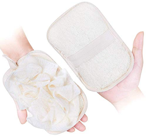 mikimini Éponge Loofah Exfoliante 2 Pièces, Gant de Bain et Tampon 2 en 1, Pouf de Bain en Maille avec Élastique, Exfoliation Douce pour Douche et Soins du Corps, Pour Femme