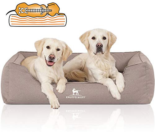 Knuffelwuff Orthopädisches Wasserabweisendes Hundebett Leon aus Velours mit Handwebcharakter XXL 120 x 85cm Beige-Grau - abnehmbarer Bezug - waschbar - für große, mittelgroße und kleine Hunde