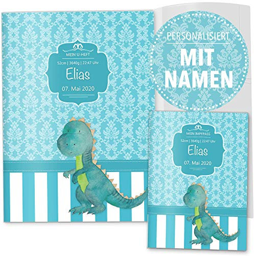 OLGS U-Heft und Impfpasshülle Set | Blue Nature | Untersuchungsheft- 3-teilig & Impfpass Hülle personalisierte Geschenke, Babygeschenke zur Geburt (Uheft 3-teilig personalisiert, Dino)
