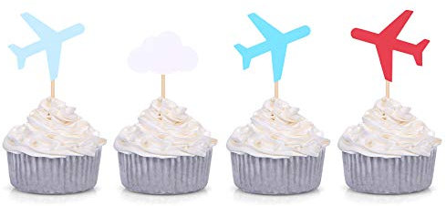 Cloud and Plane Cupcake Toppers Baby Shower Decoration How Time Flies Theme Birthday Party Supplies (24 Counts)