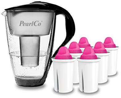 PearlCo - Carafe avec filtre à eau en verre - noir - 6 cartouches AquaMag classic incluse (compatible avec Brita Classic)