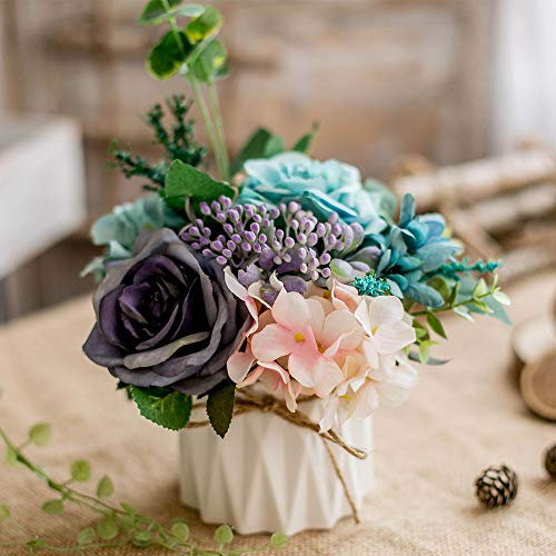 Künstliche Blumen Seidenrosen Blumensträuße Dekoration mit Keramikvase für Tisch Zuhause Büro Hochzeit (Mix Color-2)