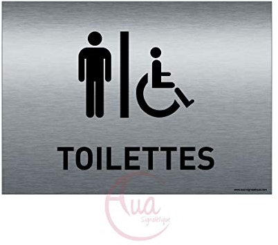AUA SIGNALETIQUE - Plaque de porte Aluminium brossé imprimé AluSign - 210x150 mm - Double Face adhésif au dos (Toilettes H/Handicap2)