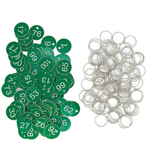 Kunststoff-ID-Nummernschilder, Schlüsselanhänger, gravierte Zahl mit Schlüsselringen (grün, 1-100)