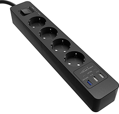 KabelDirekt – 4-Fach-Steckdosenleiste & Mehrfachsteckdose (USB, Quick Charge 3.0, Schnellladegerät, lädt geräteabhängig bis zu 3× schneller, Überspannungs-/Berührungsschutz, TÜV-geprüft, schwarz)
