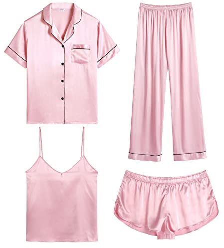 SWOMOG Pyjamas for Women 4pc Silk Pyjama Set Pink Silk Pjs Short Shirt and Cami Top Sleepwear Set Bridal Pj Sets