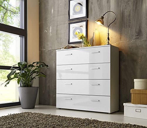BMG Möbel Sideboard Schubladen Kommode Anrichte Marbella 3 in Hochglanz Weiß - Höhe 91cm, Breite 88cm, Tiefe 32cm