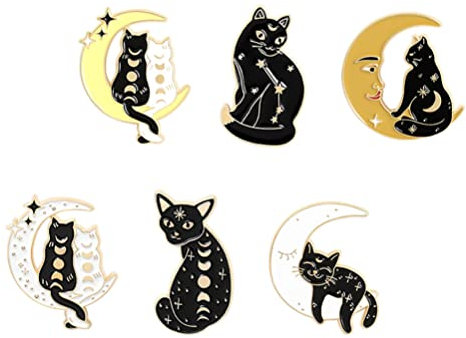 Lot de 6 broches gothiques en émail - Noir - Motif : chat - Lune - Broche pour animal de compagnie - pour bricolage, chemise, chapeau, veste, , vêtements de mariage