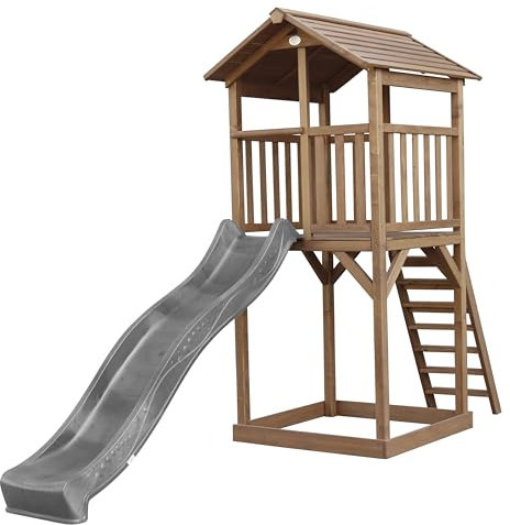 AXI Beach Tower Spielturm aus Holz in Braun | Spielhaus für Kinder mit Grauer Rutsche und Sandkasten | Stelzenhaus für den Garten