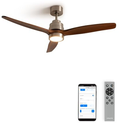 CREATE / WINDSTYLANCE DC/Ventilatore da soffitto con WIFI con luce, motore DC nickel, con pale in legno scuro/Silenzioso, 2 altezze, timer