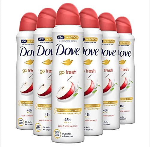 Dove, Go Fresh - Desodorante en spray de manzana con 1/4 de crema hidratante antitranspirante sin alcohol, piel seca hasta 48 horas, aroma a manzana, desodorante para hombre y mujer, 6 unidades de 150
