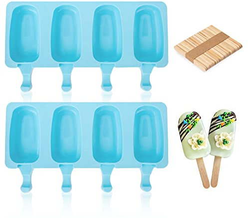8 Pack Moldes Helados, Molde de Helados de Silicona bebé, Popsicle Moldes, Moldes de Paletas de Hielo, Sin BPA, para Helados DIY Niños, para Chocolate Postre congelado Con 100 Palos Madera (azul)