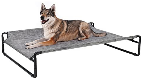 Veehoo Hundeliege Outdoor, Kühlendes Erhöhtes Hundebett für Große Hunde, Tragbares Stehendes Haustierbett mit Waschbarem Atmungsaktivem Netz, rutschfeste Füße, X-Large, Schwarz Silber