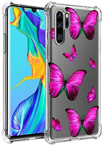 Yerebel Süße transparente Handyhülle für Huawei P30 Pro VOG-L29 VOG-L04 Hülle Weiche TPU Silikonhülle mit Stoßfester Rand & Flexibler Schutz Schutzhülle für Huawei P30 Pro Rosen Schmetterling