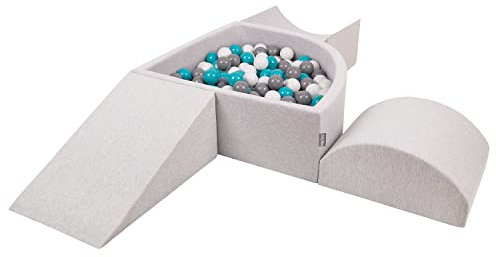 KiddyMoon Spielplatz Aus Schaumstoff Mit Viertel Eckig Bällebad (300 Bälle) Hindernisläufe, Hellgrau:Grau/Weiß/Türkis