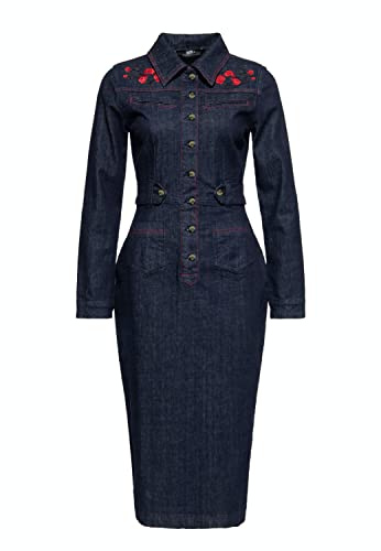 Queen Kerosin Damen Pencil Jeans Kleid Bleistiftkleid Denim Kleid Westernkleid Stickerei Roses Roses
