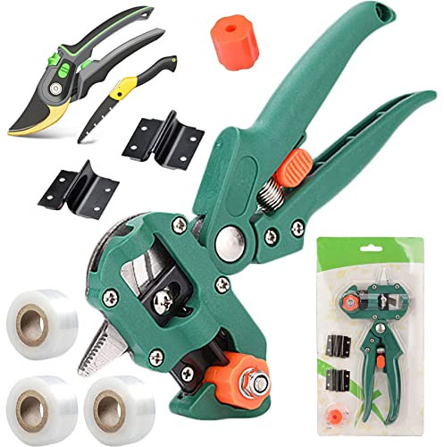 Obstbäume Pfropfschere, Garten Pfropfschere Schere Veredelungsschere Ratschenschere Set mit 3xSK5 Klinge Ersatzmesser Pfropfband für Pflanz Obstbaum Pfropfen, Grün,Style1