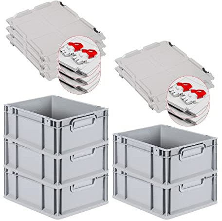 PROREGAL SuperSparSet 5x Eurobox NextGen Grip mit Scharnierdeckel und roten Schiebeschnappverschlüssen, HxBxT 17x30x40cm, 16 L, Grau, Griffe geschlossen, Eurobehälter, Transportbox