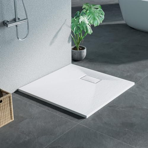 Heilmetz Duschwanne 80x80cm Flach Duschtasse Höhe 2.6 cm Brausewanne Steinoptik Antirutsch SMC Duschtasse, Ø 90mm Ablauföffnung -Weiß (ohne Siphon)
