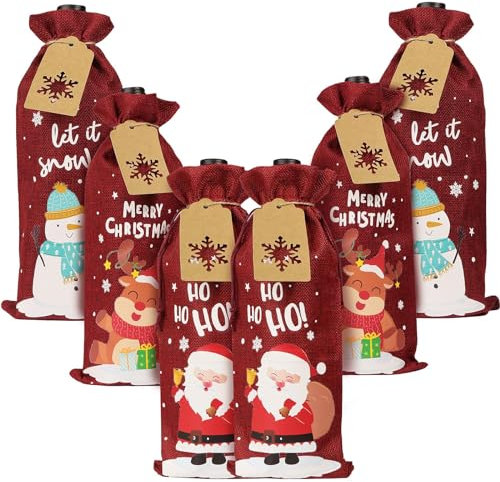 COLOFALLA 6 Housses de Bouteille de Noël avec Étiquettes Ficelles Jutes Pochettes Cadeau Emballage Bouteille Sac Cadeau de Noël Couverture Bouteille de Noël Décoration Cadeau de Noël