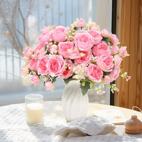 FADACHY Künstliche Blumen, Pfingstrosen, Seidenblumen, Blumenstrauß für Zuhause, Hochzeit, Geburtstag, Party, Dekoration, Hellrosa, 4 Stück