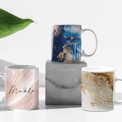 Sticky Art UK Marble Personalised Name Mug, Coffee & Tea Mug Gift, Great for Secret Santa Work Mug Xmas Mug Gift Blue, Gold or Pink