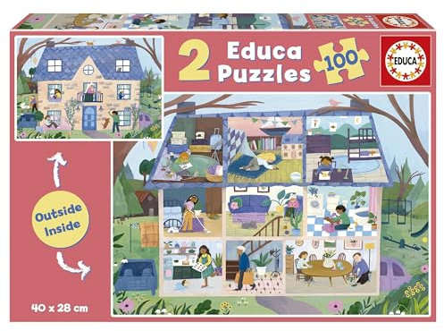 Educa - Set von 2 Puzzle für Kinder mit 100 Teilen voller externer Details und interner | Zuhause draußen/innen. Maßnahme: 40 x 28 cm. Empfohlen für Kinder ab 6 Jahre (19957)