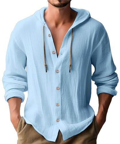Chemise Lin Homme Manches Longues Chemise Décontractée Coton Chemises Hommes Couleur Unie Business Casual Bouton Shirts Regular Fit à Capuche Blouse Haut Boutonné Hoodie Drawstring Cotton