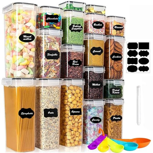 stusgo 18 Pezzi Contenitori Ermetici per Alimenti e Cereali, Senza BPA, Trasparente, Organizzatore in Plastica per Cereali, Farina e Zucchero, Contenitore per Pasta