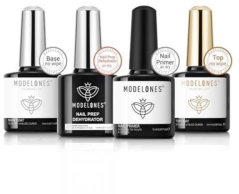 Modelones Nail Dehydrator and Primer with Gel Top & Base Coat Set, Acid Free Acrylic Nail Supplies Primer Glossy Gel Nail Polish Top Coat Starter Kit