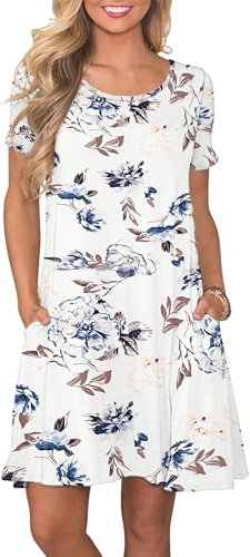 AUSELILY Women's Summer Dresses Casual T-Shirt Short Sleeve Dress Loose Swing Short Dress with Pockets, Floral White L
