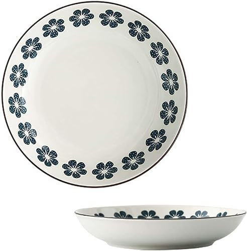 Platos de sopa, cuenco de curry, juego de 2, platos de cerámica, cuencos bajos, cuencos for servir pasta/sopa grandes, platos de porcelana, flor azul, 18 x 18 x 3,5 (color: flor azul (color: flor azul