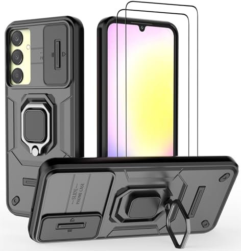 DERHAN Coque pour Samsung Galaxy A25 5G, Housse avec Verre Trempé [2 Pièces] + Couvercle de Caméra Coulissant, Coque Antichoc avec Béquille - Noir