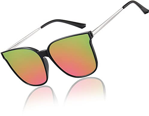 DUCO Sonnenbrille für Damen Polarisiert Sonnenbrille mit UV400 Schutz Vintage Klassisch Runde Metall Rahmen Leichtgewicht Übergroß Sonnenbrillen W016 (Schwarz Rahmen Farbige Linse)