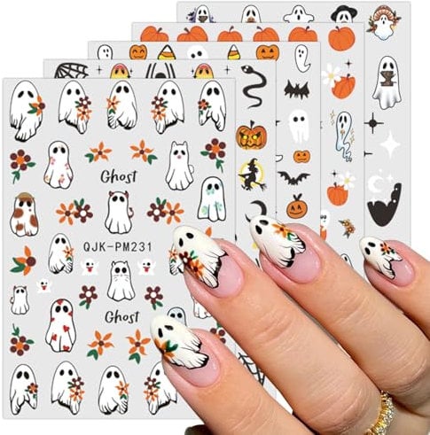 JMEOWIO 9 Sheets Halloween Nail Art Stickers Decals Self-Adhesive Star Cute Ghost Nail Supplies Nail Art Design Decoration Accessories