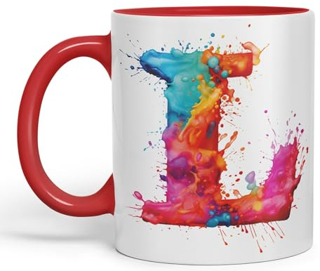 Vixar Letter L Mug, Alphabet Letter L Monogram Watercolour Ceramic Coloured Mug Cup for Tea Coffee Hot Brew 330ml 11Oz Gift (Red)