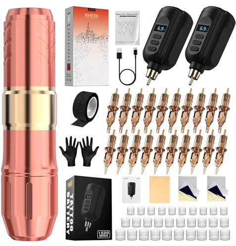 RHEIN Tattoo Maschine Set mit 2pcs 1500mAh Akkus Power 20 Stück Tattoo Cartridges Kabellos Tattoo Stift Maschine Komplettes Tattoo Zubehör RNP600KIT-2