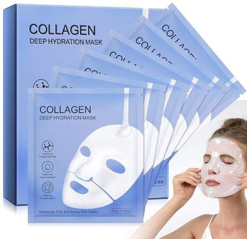 Collagen Maske, 6 Stück Kollagen Maske, Collagen Maske Gesicht Overnight für die Nacht, Tiefenwirksame Anti-Falten Lifting Maske für Alle Hauttypen, Porenverfeinerung, Verbesserung der Elastizität