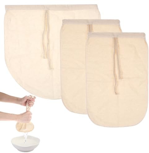 cobee Cotton Nut Milk Bags Food Strainer, 3 Pack 2 Sizes Fine Mesh Strainer Cloth With Drawstring Reusable Filter Cheesecloth Fine Mesh Filter Cloth For Cheese Fruit Juice Coffee Vegetable Juice