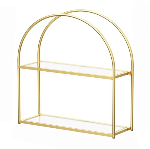 Crofy Wandregal mit goldenem gewölbtem Rahmen, dekoratives 2-stöckiges Badezimmer-Wandregal mit transparenten Regalen aus gehärtetem Glas und robuster Speicherkapazität, 15,2 cm T x 45,5 cm B x 48,7