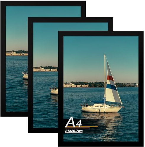 Tinkeps Cadre photo A4 en bois (21 x 29,7 cm), noir, lot de 3, à poser sur une table ou à suspendre verticalement et horizontalement au mur, avec plaque acrylique transparente et incassable