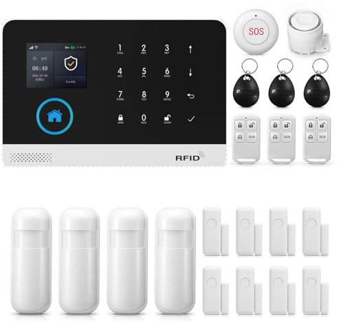 PGST Alarm System, 2.4G WIFI+GSM Wireless Smart Burglar Security Alarm System DIY Kit, 21-Piece kit: Alarm Hub with 120DB, Door/Window Sensors, PIR, Remotes, Work with Alexa and Google Home