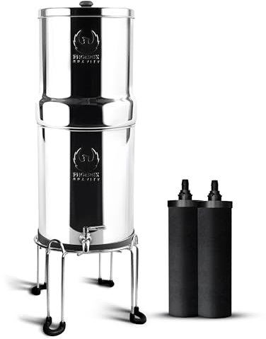 Phoenix Gravity - Système de filtre à eau de comptoir en acier inoxydable AISI 304 certifié NSF de 8 litres avec 2 cartouches Smart Carbon (noires), support et robinet en acier inoxydable gratuits