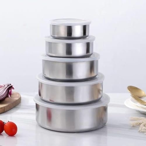 5PC Stainless Steel Containers With Plastic Lids,Reusable Round Food Storage Containers,Metal Food Containers Bowls For Lunch Snacks Freezer,Food Mixing Containers Storage Containers Home Bowls