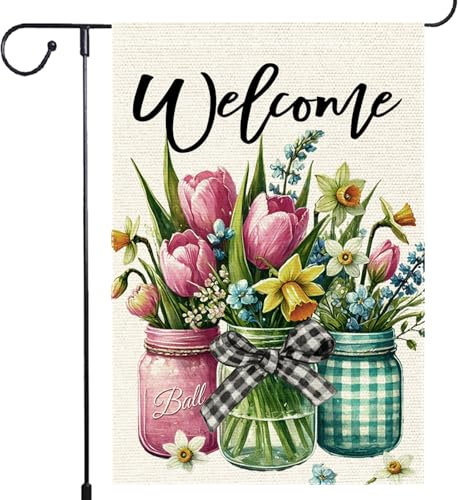Willkommens-Tulpen-Fahne im Einmachglas, Büffelkariert, Gartenflagge, Hof, Outdoor, rustikal, Bauernhaus, Rasen, Terrasse, Frühling, Sommer, Gartenflaggen für draußen, 30,5 x 45,7 cm, kleine Jute,